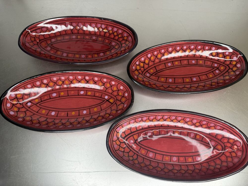 Le Souk Ceramique Tunisia Hand Painted Oval Bowl Dish Pottery Set Of 4